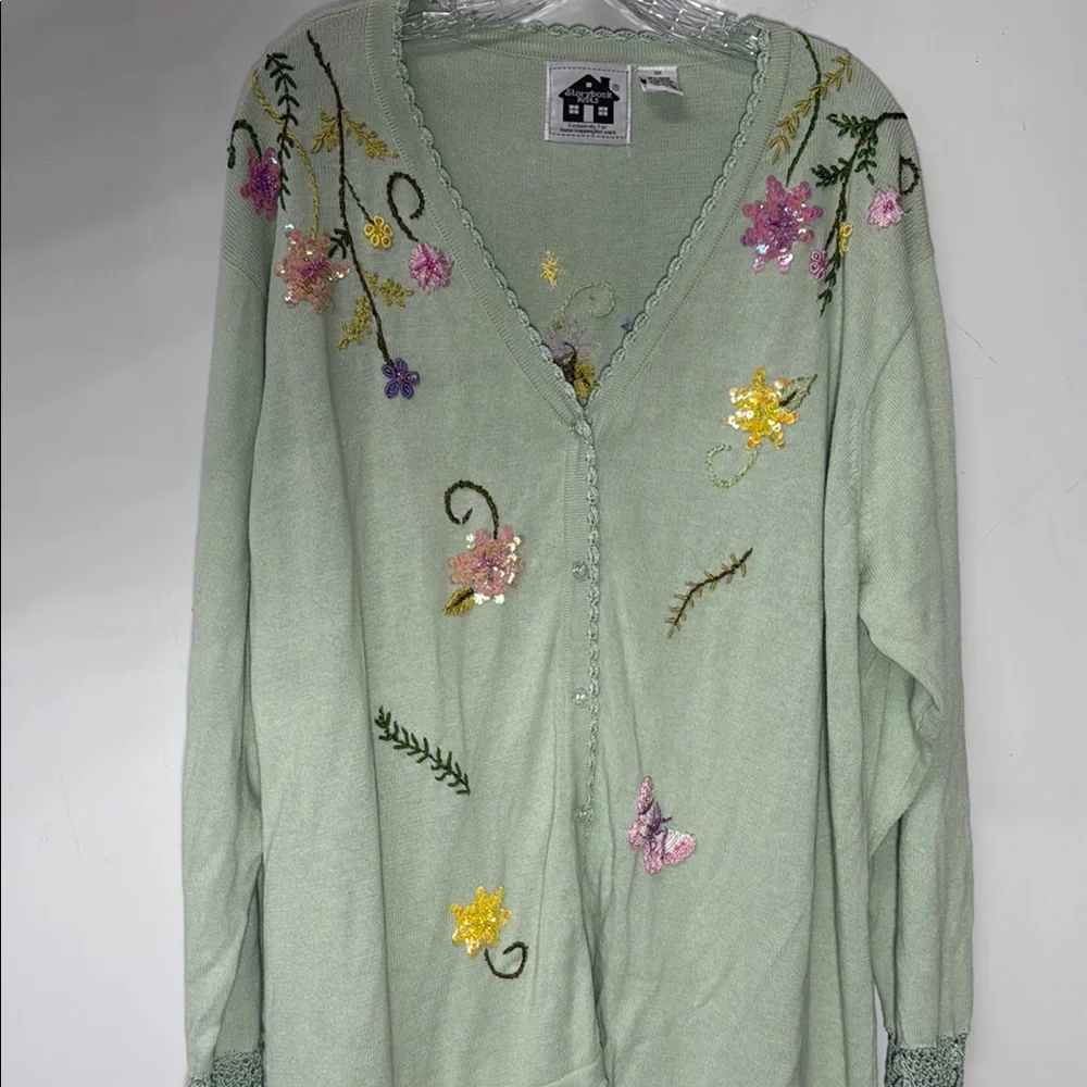 Storybook Knits Pastel Green Cardigan Floral Embroidery Sequins Plus Size 3X - Picture 3 of 12